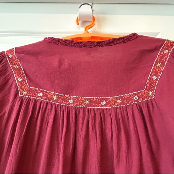 Umgee Maroon V Neck  Tunic Dress Embroidered Bodice Arms Hem Boho Peasant - Picture 6 of 8